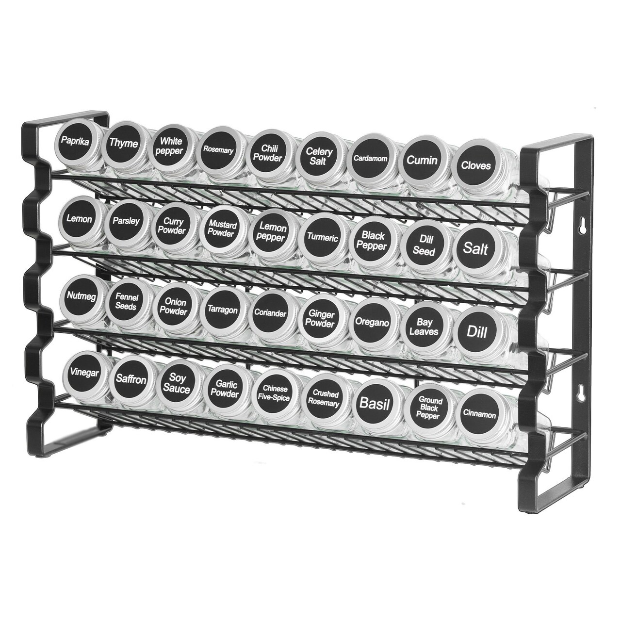 Steel Spice Rack Organizer with 36 Glass Jars Wall Mounted or Countertop Storage Shelf